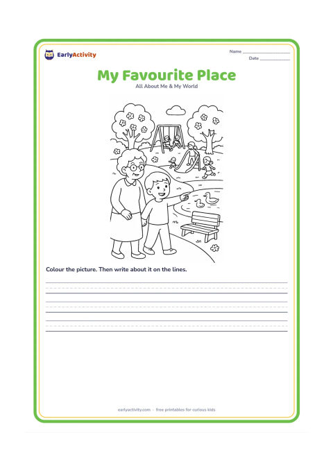 Worksheet: A child visits a lively neighbourhood park with a grandparent, pointing toward a play area, flowering trees and a small pond with ducks. Include a path, benches and other children…
