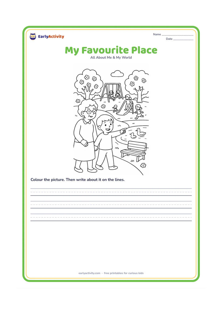 Worksheet: A child visits a lively neighbourhood park with a grandparent, pointing toward a play area, flowering trees and a small pond with ducks. Include a path, benches and other children…