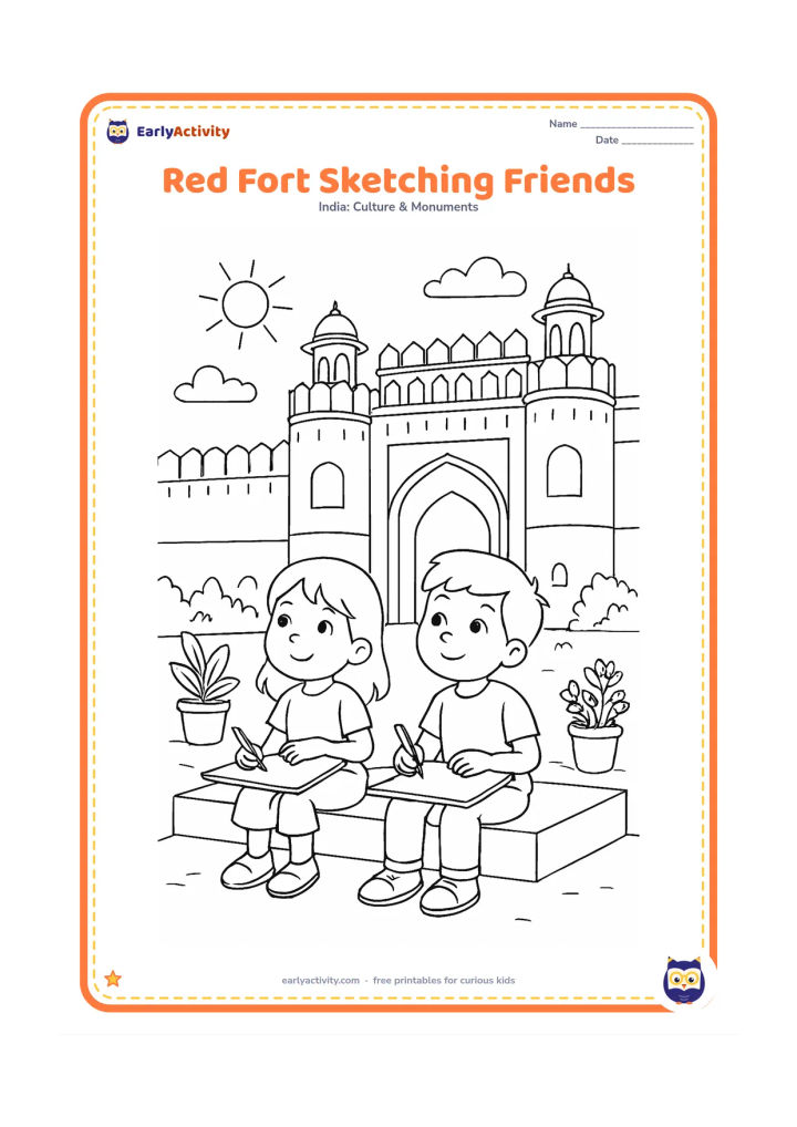 Colouring page: Show two school-age friends seated on a shaded stone platform outside a Red Fort gateway, holding blank drawing boards and pencils while looking up at the battlements and arched…