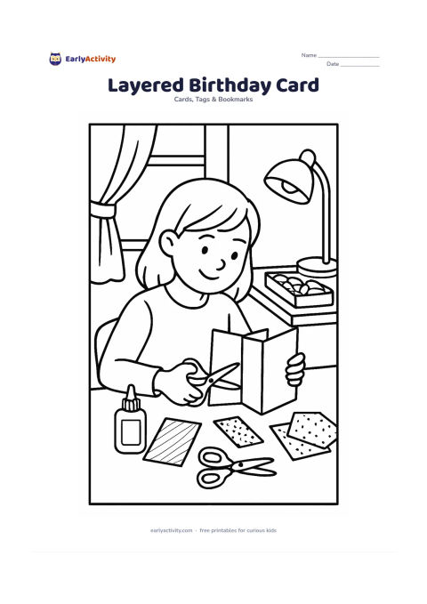 Worksheet: Show an older child assembling a layered birthday card at a desk, with folded paper panels, safe scissors, glue, patterned scraps and a large blank message panel. Include a window, desk…