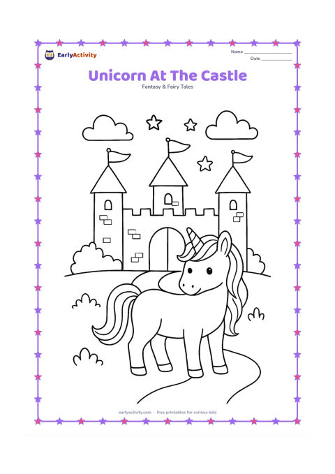 Colouring page: Draw one unicorn standing before a friendly castle with two towers, flags without markings, an arched doorway, bushes, and a winding path. Include a few clouds and stars above the towers.