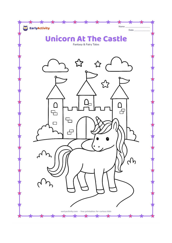 Colouring page: Draw one unicorn standing before a friendly castle with two towers, flags without markings, an arched doorway, bushes, and a winding path. Include a few clouds and stars above the towers.