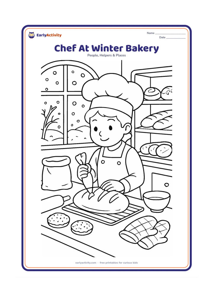 Colouring page: An older child chef decorates a loaf and small pastries inside a cosy bakery while snow is visible through the window. Include a cooling rack, flour sack with no label, rolling pin,…