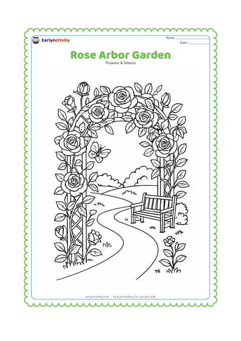Colouring page: Draw a winding garden path passing beneath a rose-covered arbor, with roses at different stages, climbing stems, trellis details, a bench and distant shrubs. Include a butterfly resting…