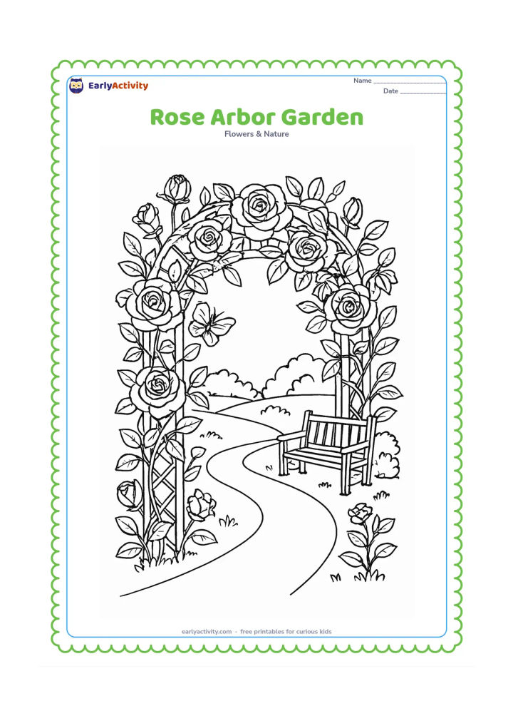 Colouring page: Draw a winding garden path passing beneath a rose-covered arbor, with roses at different stages, climbing stems, trellis details, a bench and distant shrubs. Include a butterfly resting…