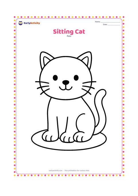 Colouring page: Draw one friendly cat sitting upright with a large round head, clear ears, big paws, curved tail, and six simple whiskers. Place it on a small oval rug with no other background objects.