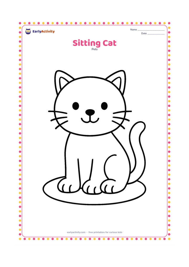 Colouring page: Draw one friendly cat sitting upright with a large round head, clear ears, big paws, curved tail, and six simple whiskers. Place it on a small oval rug with no other background objects.