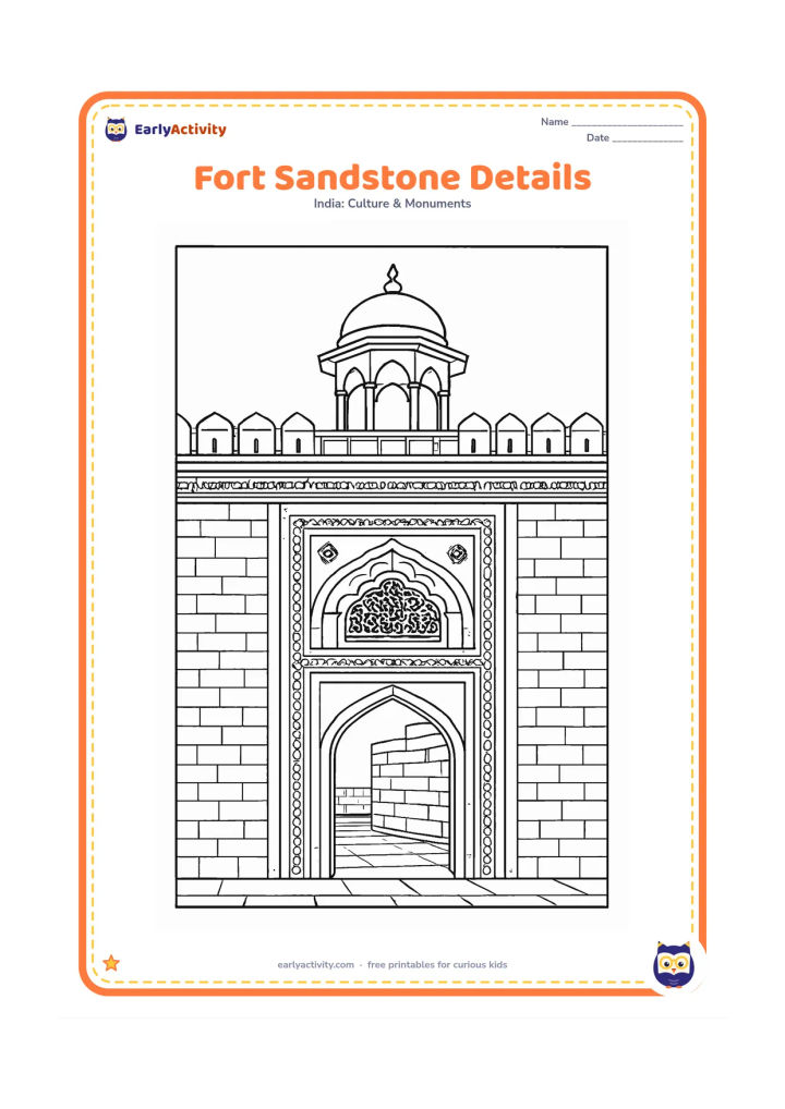 Colouring page: Show a close architectural view of a Red Fort sandstone wall with an ornate arched window, carved-looking borders, a small dome above and a gateway opening to a courtyard. Add carefully…