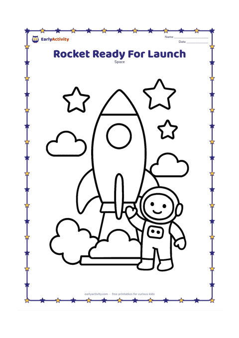 Colouring page: Draw a large rounded rocket standing upright on a launch pad, with a small astronaut waving beside it. Add puffy clouds, three large stars and a simple countdown-style launch setting…