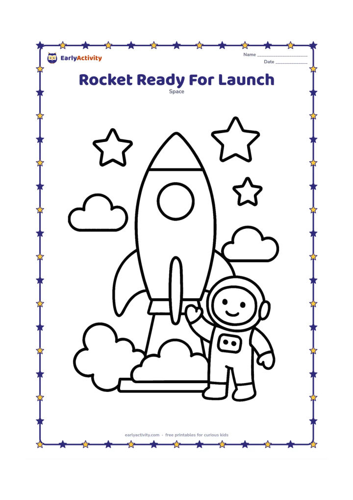 Colouring page: Draw a large rounded rocket standing upright on a launch pad, with a small astronaut waving beside it. Add puffy clouds, three large stars and a simple countdown-style launch setting…