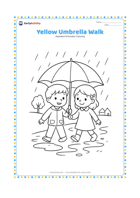 Colouring page: Draw two children walking together under a large umbrella along a rainy path, with puddles, a small tree, and distant house rooftops.
