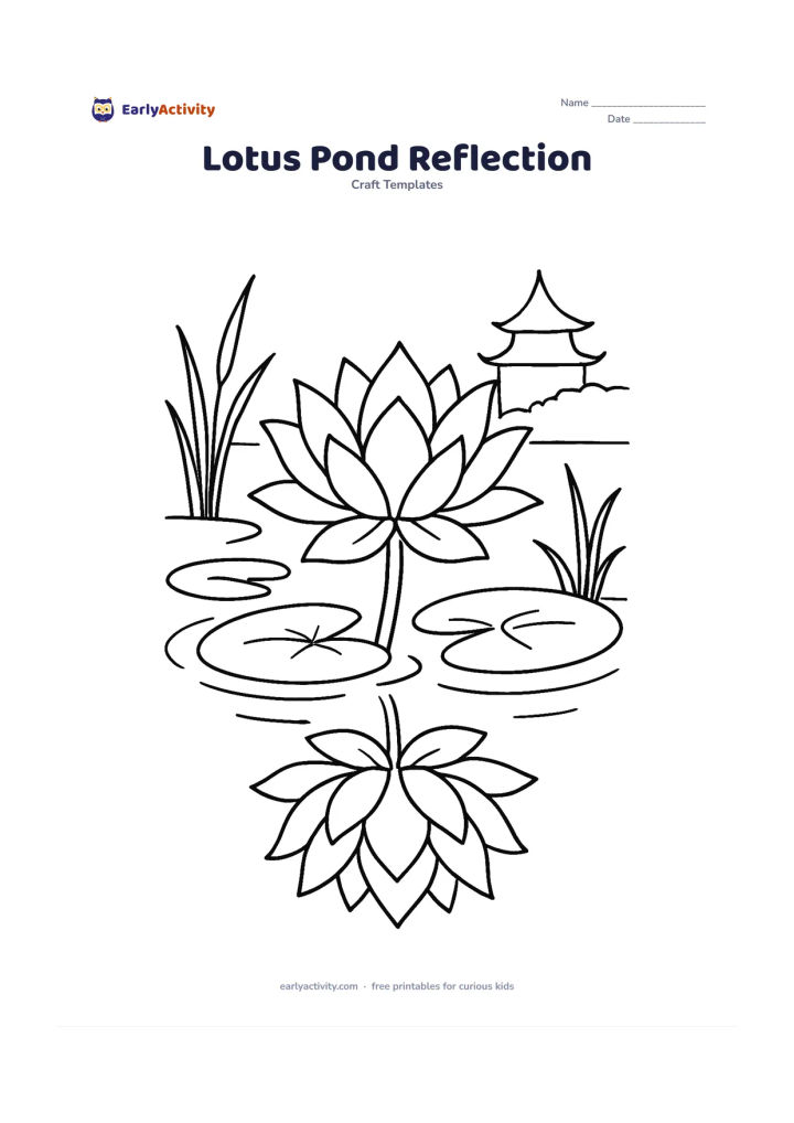 Worksheet: A detailed lotus with overlapping pointed petals rising from a pond, accompanied by two lily pads, curled stems, reeds and a clear mirrored reflection below the waterline. Add gentle…