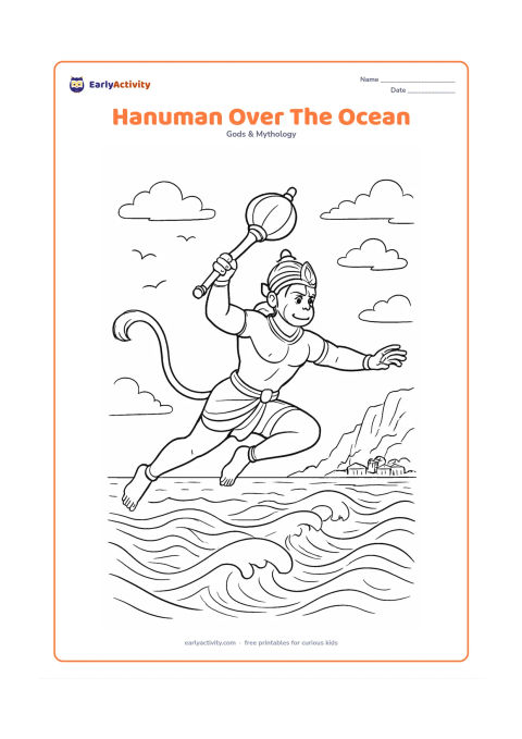 Colouring page: Hanuman makes a powerful leap over the ocean with his gada raised, his tail sweeping through the air, and his gaze fixed on the far shore. Draw layered waves, flying birds, clouds,…