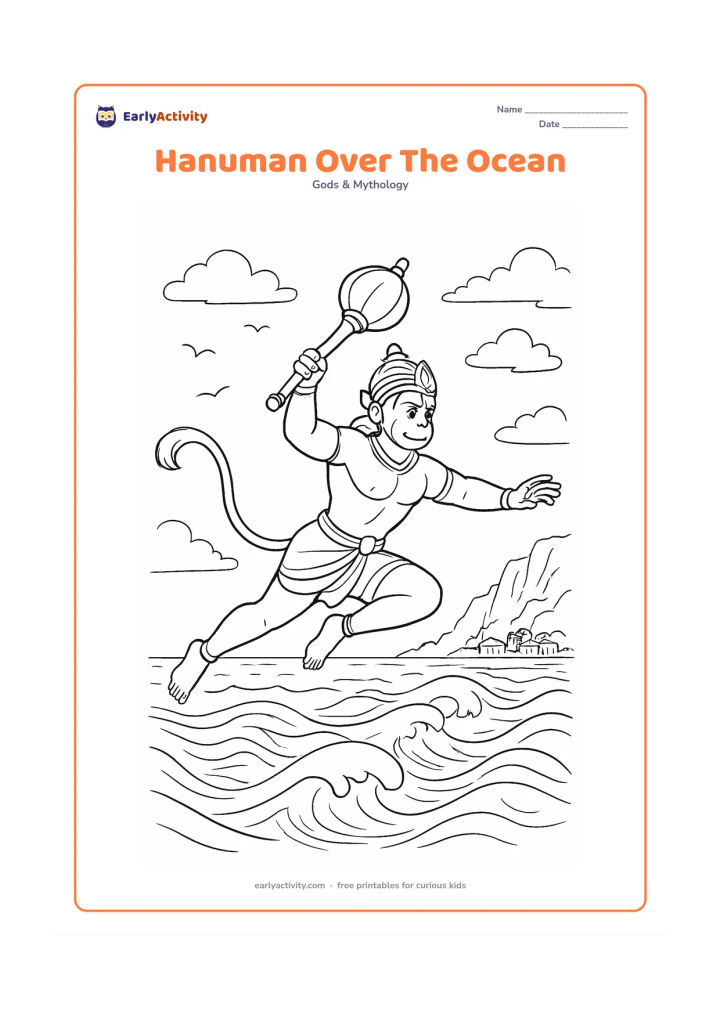 Colouring page: Hanuman makes a powerful leap over the ocean with his gada raised, his tail sweeping through the air, and his gaze fixed on the far shore. Draw layered waves, flying birds, clouds,…