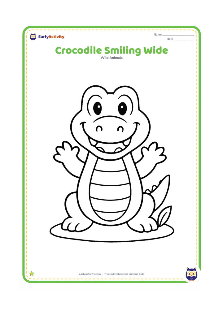 Colouring page: Draw a front-facing friendly crocodile with a wide open smile showing a few rounded teeth, large eyes, and raised front feet. Place it on a simple patch of grass with one leafy plant.
