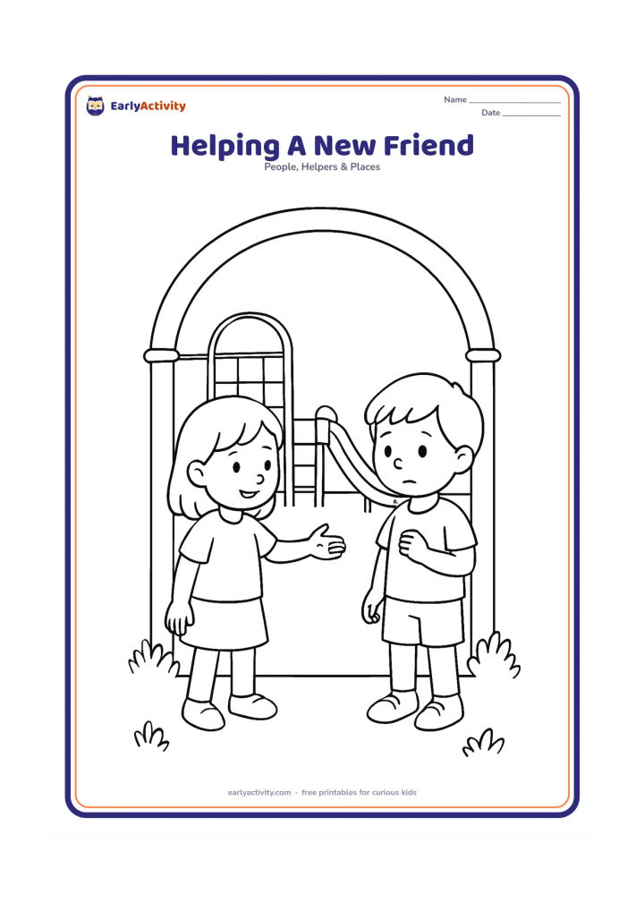 Colouring page: Two children stand at a playground entrance, with one welcoming a shy-looking child by offering a hand toward the play area. Include a climbing frame, a small slide, and a few plants.