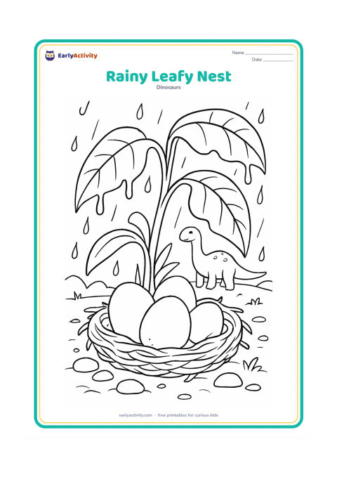 Colouring page: Three eggs rest in a carefully covered nest during gentle rain, sheltered beneath large prehistoric leaves. Add dripping leaf edges, wet stones, and a calm dinosaur parent in the distance.