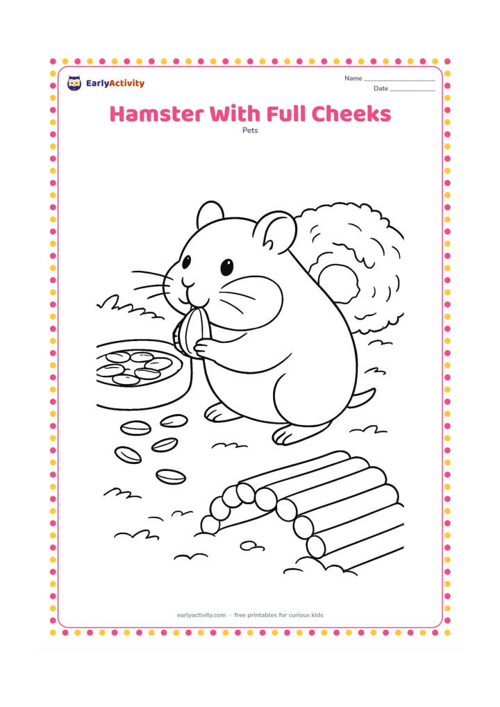 Colouring page: A hamster carries several seeds toward its nest, with clearly rounded cheek pouches and a trail leading from the food dish. Show the nest, bedding, wooden bridge and a few scattered seeds.