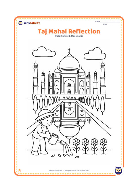 Colouring page: Show the Taj Mahal viewed across a calm rectangular pool, with its central dome, four minarets, side buildings and a row of cypress trees. A gardener waters flowers along the near edge.