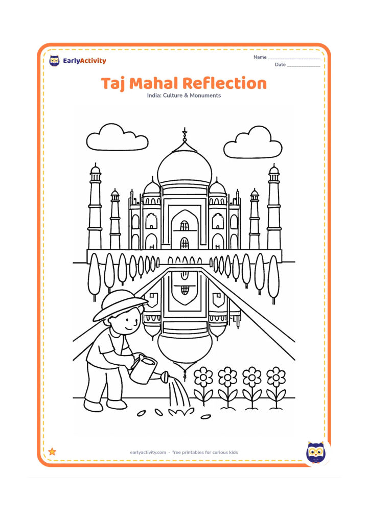 Colouring page: Show the Taj Mahal viewed across a calm rectangular pool, with its central dome, four minarets, side buildings and a row of cypress trees. A gardener waters flowers along the near edge.