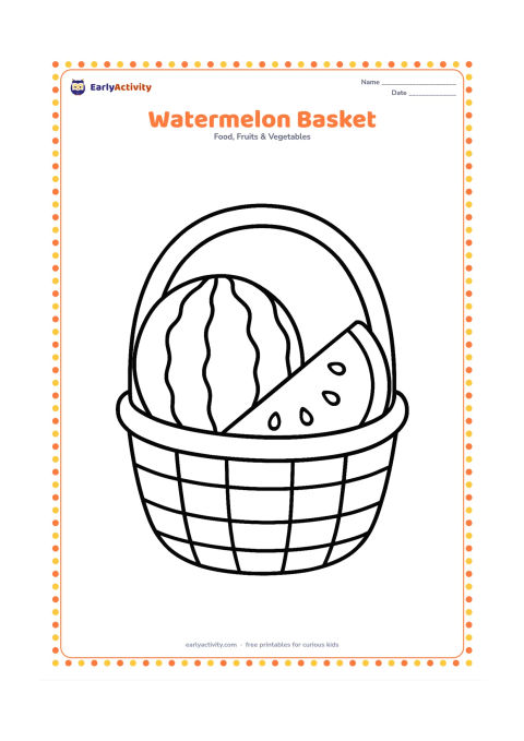 Colouring page: Draw a small woven basket holding one whole watermelon and one large slice. Add a simple curved handle and a few broad weave sections.