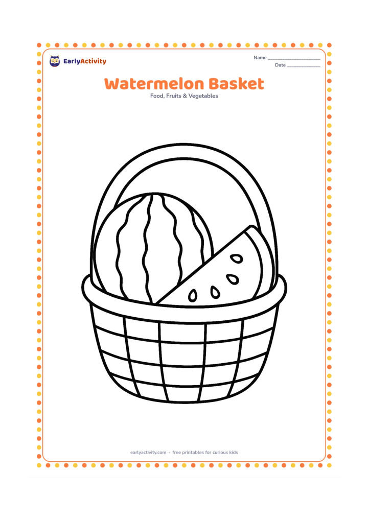 Colouring page: Draw a small woven basket holding one whole watermelon and one large slice. Add a simple curved handle and a few broad weave sections.