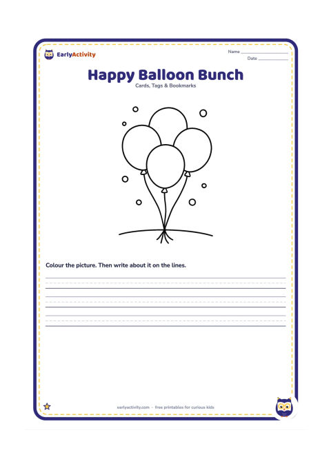 Worksheet: Draw five large balloons gathered by their strings, with two balloons left mostly open for a handwritten name and greeting. Add a simple curved floor line and a few large floating dots.