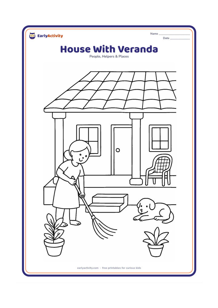 Colouring page: Draw an Indian home with a broad veranda, roof supported by simple pillars, front door, windows, steps, woven chair and potted plants. Show a person sweeping the veranda while a dog…