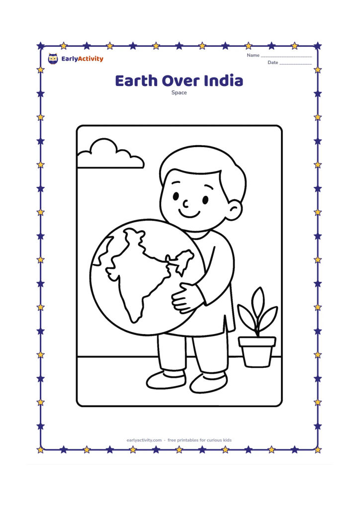 Colouring page: A smiling child in simple Indian everyday clothing holds a large globe showing a broad outline of India and surrounding ocean. Place the child on a small terrace with a potted plant and…