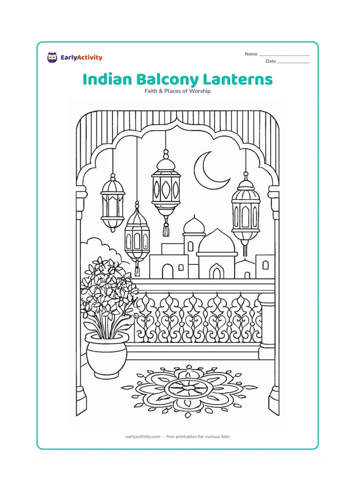Colouring page: A detailed Indian home balcony is decorated with hanging fanous lanterns, patterned railings, potted jasmine, a floor rangoli, and a crescent moon over neighbouring rooftops. Include…