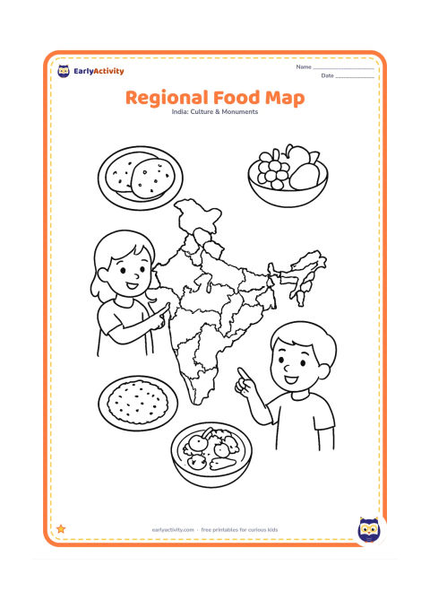 Colouring page: Place a large India map divided into broad regions at the centre, surrounded by simple plates and bowls representing varied Indian foods, such as rice, flatbread, fruit, and vegetables.…
