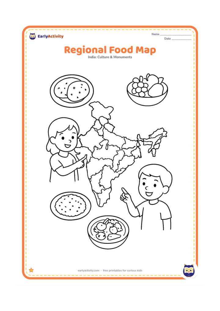 Colouring page: Place a large India map divided into broad regions at the centre, surrounded by simple plates and bowls representing varied Indian foods, such as rice, flatbread, fruit, and vegetables.…