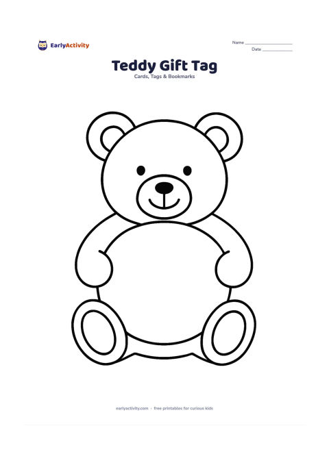 Worksheet: Draw a friendly bear-shaped gift tag sitting with its paws around a large blank oval panel on its belly. Include round ears, simple facial features, feet and a small hole above one ear.