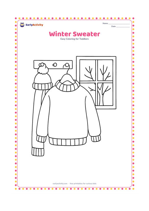 Colouring page: A large cosy sweater hangs from a simple wooden peg, with a woolly cap and scarf beside it. Add one window showing a tree with bare branches outside.