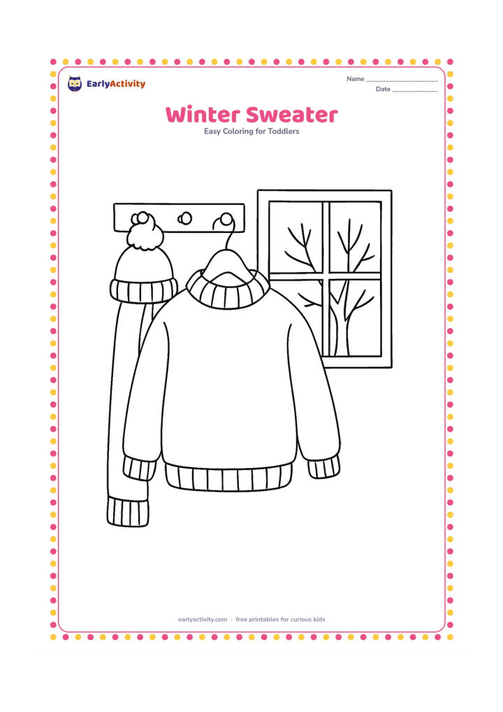 Colouring page: A large cosy sweater hangs from a simple wooden peg, with a woolly cap and scarf beside it. Add one window showing a tree with bare branches outside.