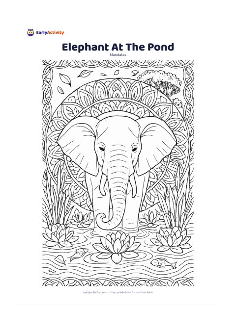 Colouring page: Place a calm elephant in the centre with its trunk curled toward a lotus pond. Surround it with balanced circular rings of lotus petals, reeds, water ripples, small fish, and repeating…