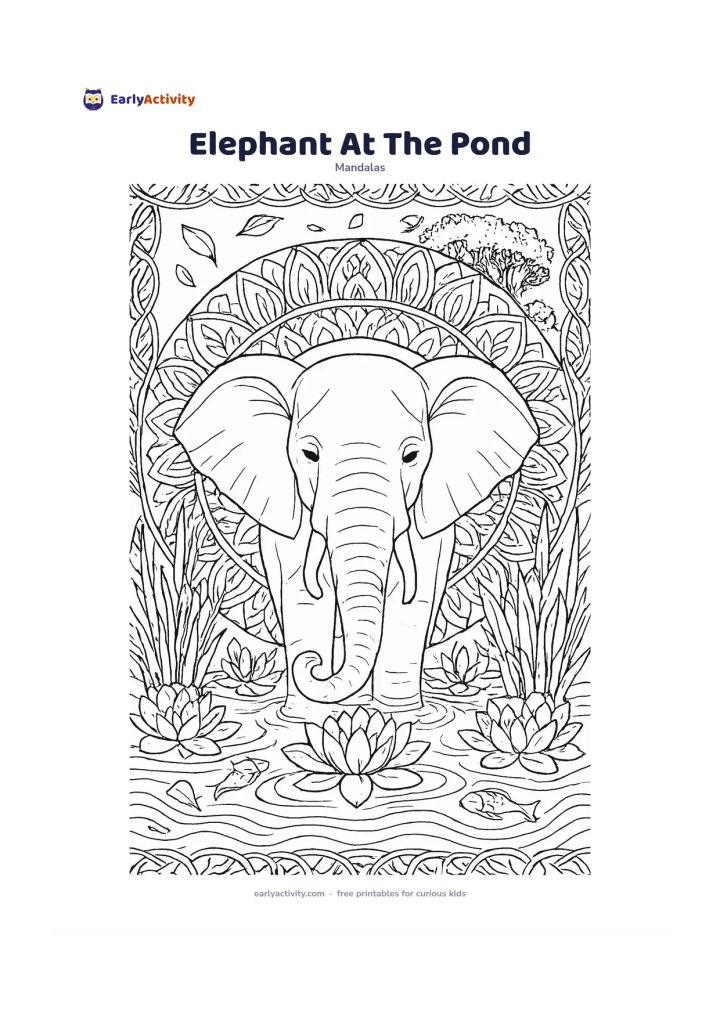 Colouring page: Place a calm elephant in the centre with its trunk curled toward a lotus pond. Surround it with balanced circular rings of lotus petals, reeds, water ripples, small fish, and repeating…