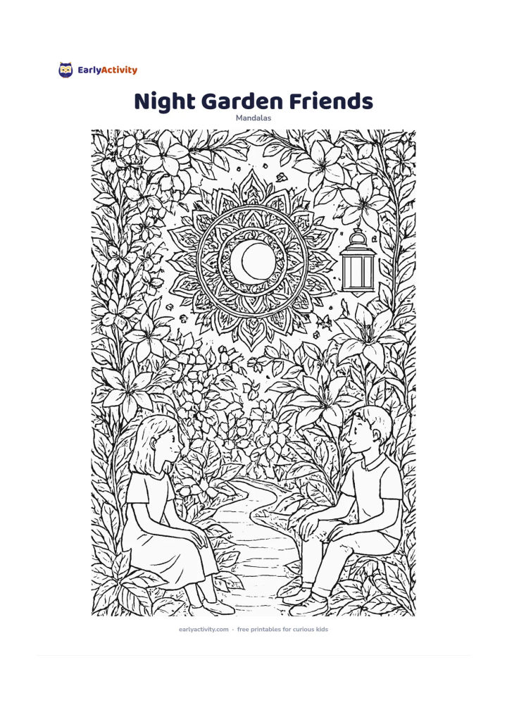 Colouring page: Create a moonlit floral mandala of night-blooming jasmine, white lilies, vines and large leaves, with two friends sitting on opposite sides of the design enjoying the garden. Add a…