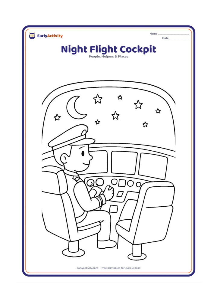Colouring page: A pilot sits at the controls during an evening flight, looking through the front window at a crescent moon and stars. Show a second crew seat, large blank screens and a few simple…