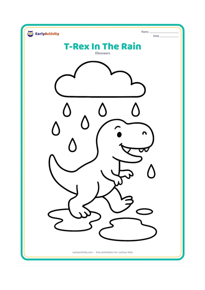Colouring page: A cheerful T-Rex walks through a light shower, with several large raindrops, two puddles, and a broad cloud above. Its tail extends across the page for balance.