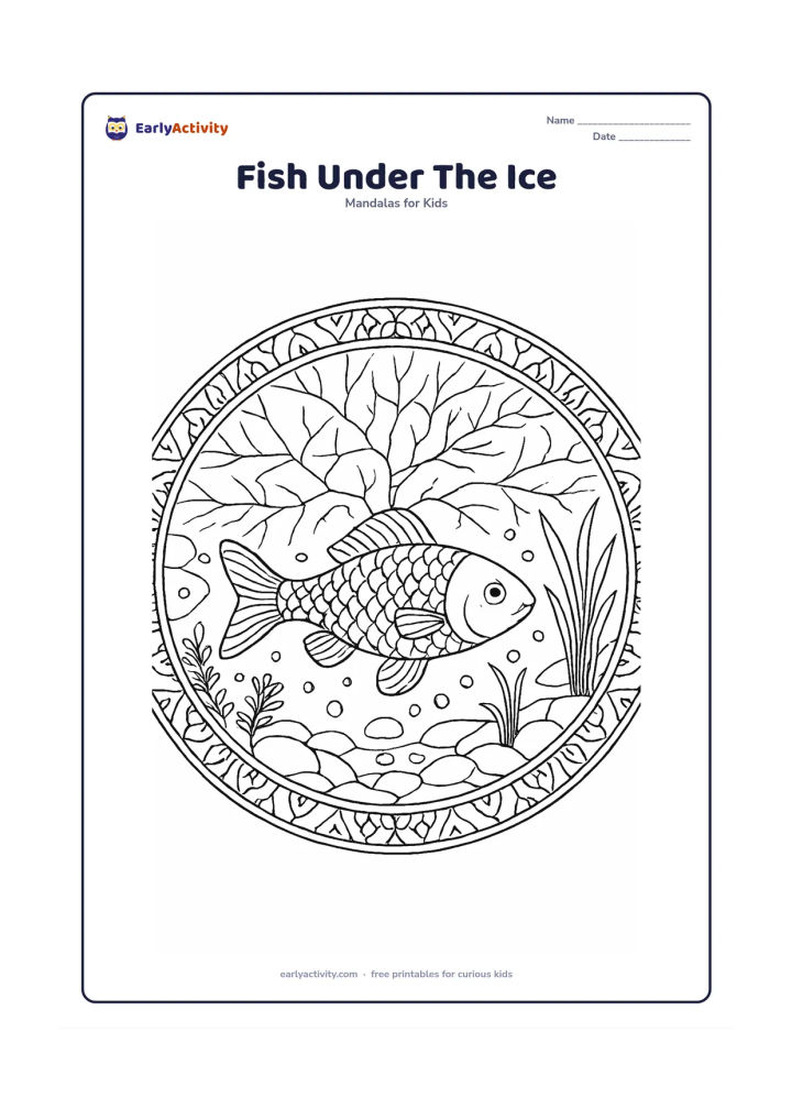 Colouring page: A fish swims beneath a frozen pond surface in the centre of a detailed circular mandala. Add branching ice patterns, bubbles, reeds, smooth stones, submerged plants and repeating fin and…