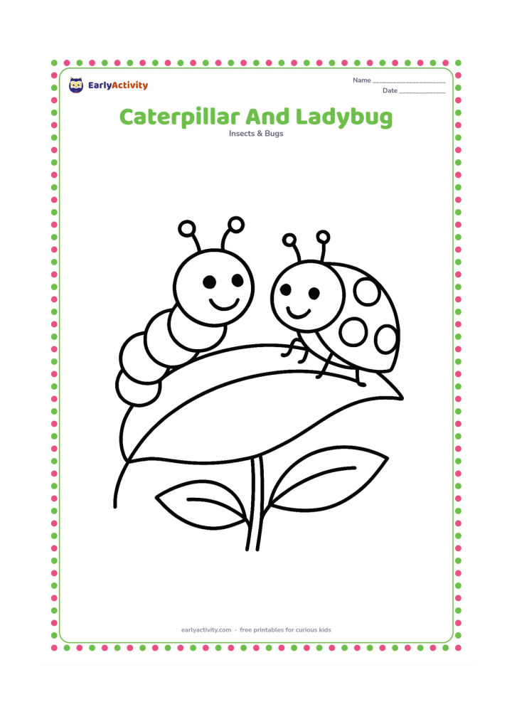 Colouring page: Draw a large caterpillar and one round ladybug sharing a broad leaf, facing each other in a friendly pose. Add only a simple stem and two leaves.