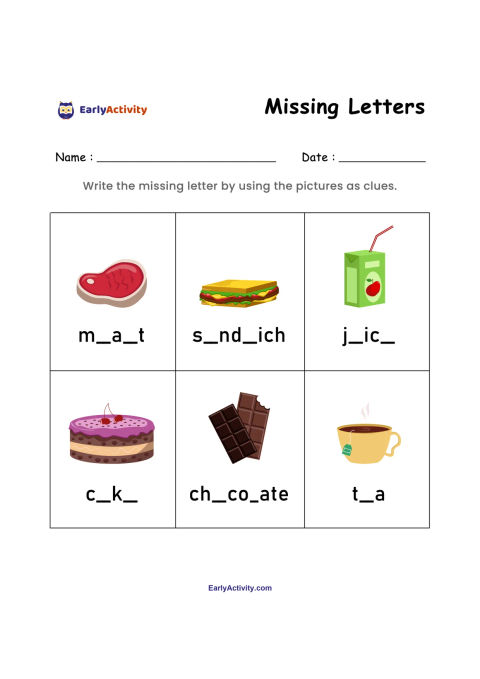 Worksheet with six food pictures and incomplete words for meat, sandwich, juice, cake, chocolate and tea. Children write the missing letters.