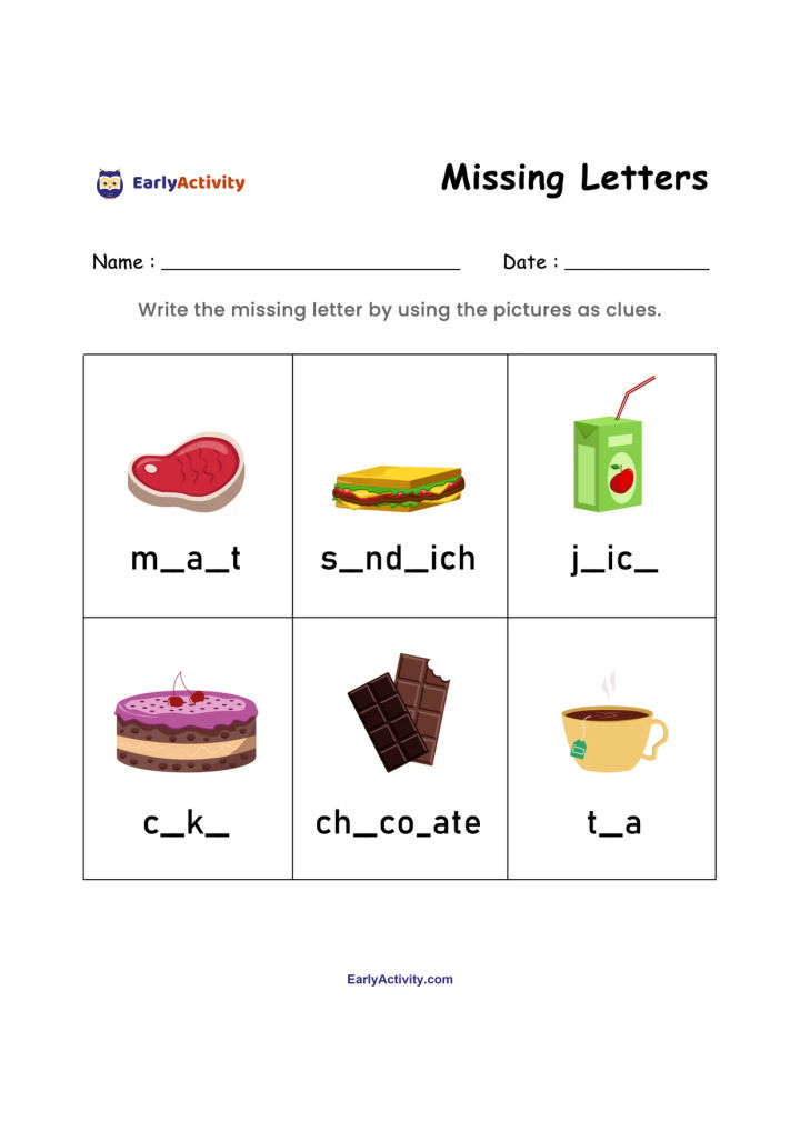 Worksheet with six food pictures and incomplete words for meat, sandwich, juice, cake, chocolate and tea. Children write the missing letters.