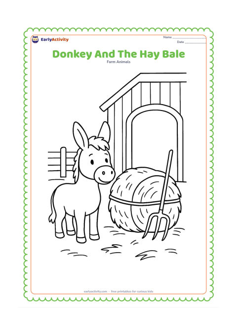 Colouring page: A donkey stands beside a large tied hay bale near an open barn. Include a pitchfork leaning safely against the barn wall, a wooden fence and a few loose hay strands.