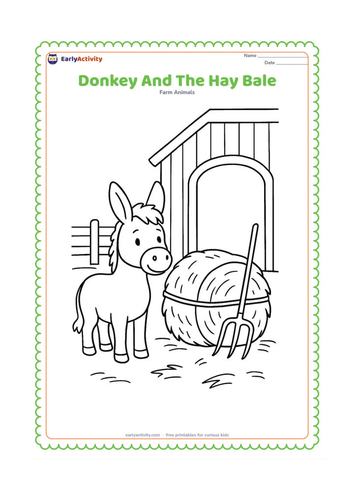 Colouring page: A donkey stands beside a large tied hay bale near an open barn. Include a pitchfork leaning safely against the barn wall, a wooden fence and a few loose hay strands.