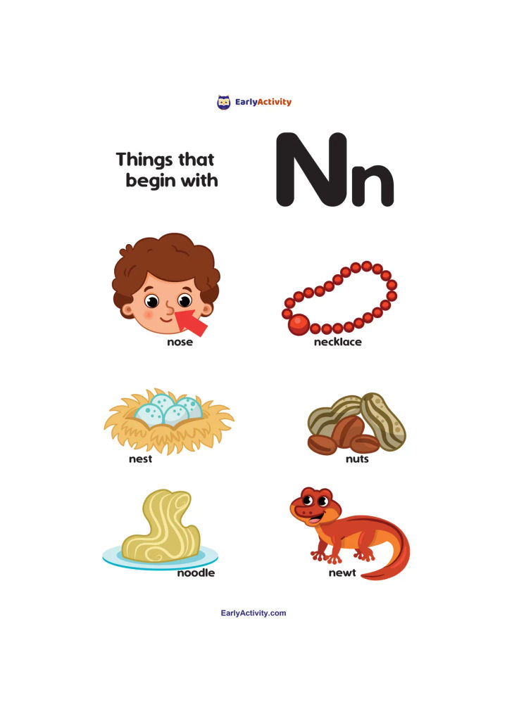 Worksheet showing uppercase and lowercase N with pictures labelled nose, necklace, nest, nuts, noodle and newt.