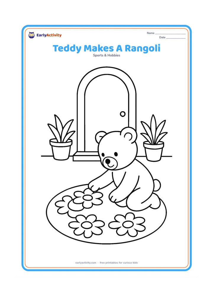 Colouring page: A teddy bear kneels outside a home and places large flower shapes in a simple circular rangoli pattern. Add a doorway, two potted plants and a small step, with no written symbols in the…