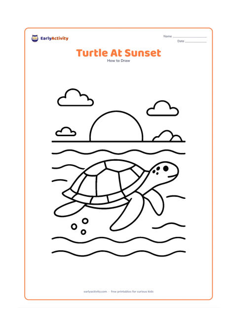 Worksheet: Draw a sea turtle swimming across a sunset ocean scene, viewed from the side with the shell and four flippers fully visible. Add layered waves, a low sun, distant rocks and a few bubbles.