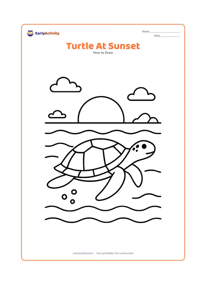 Worksheet: Draw a sea turtle swimming across a sunset ocean scene, viewed from the side with the shell and four flippers fully visible. Add layered waves, a low sun, distant rocks and a few bubbles.